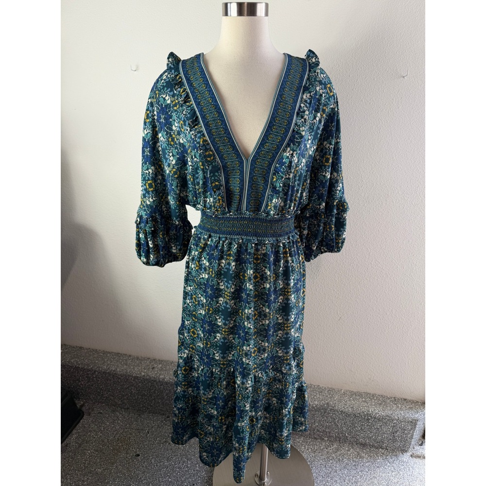Max Studio Womens Large Teal Blue Floral Mosaic Midi Dress V Neck Smocked Waist